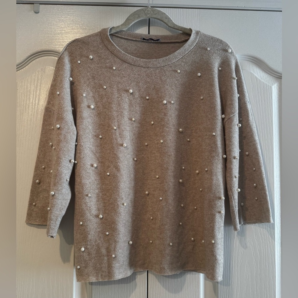 Zara Trafaluc Beige Sweater with Pearl Embellishments - Size S